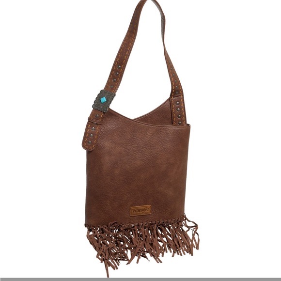 Wrangler Handbags - Wrangler Fringe Hobo Shoulder Bag with Studded Strap new Brown